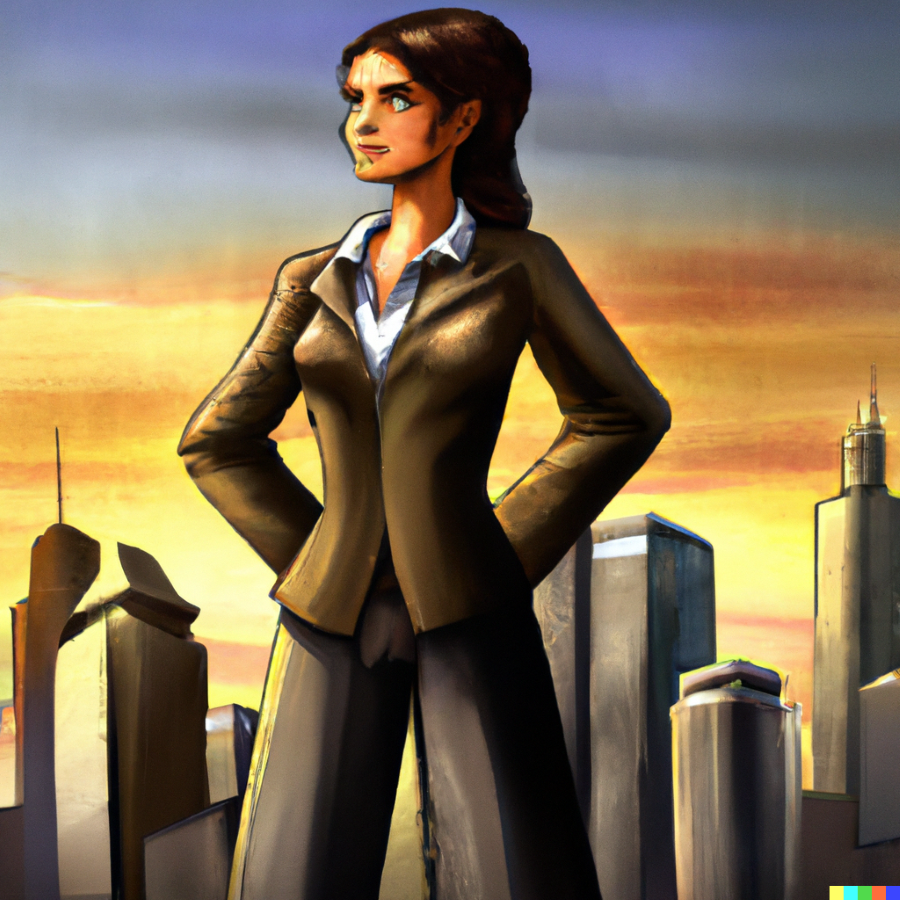 A determined woman standing in front of the city her view is being elevated by her successful branding strategy.